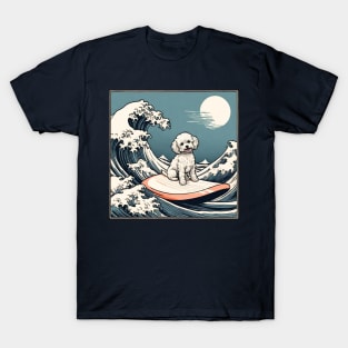 Funny Maltipoo Crusty White Dog Surfing in The Great Wave Cute Maltese Shih Tzu Dog Mom T-Shirt